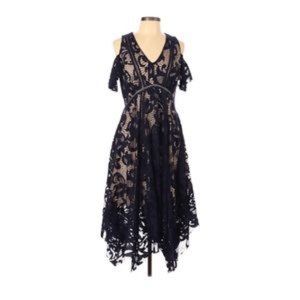 Just Taylor Navy Lace Overlay Handkerchief Hem Cold Shoulder Dress